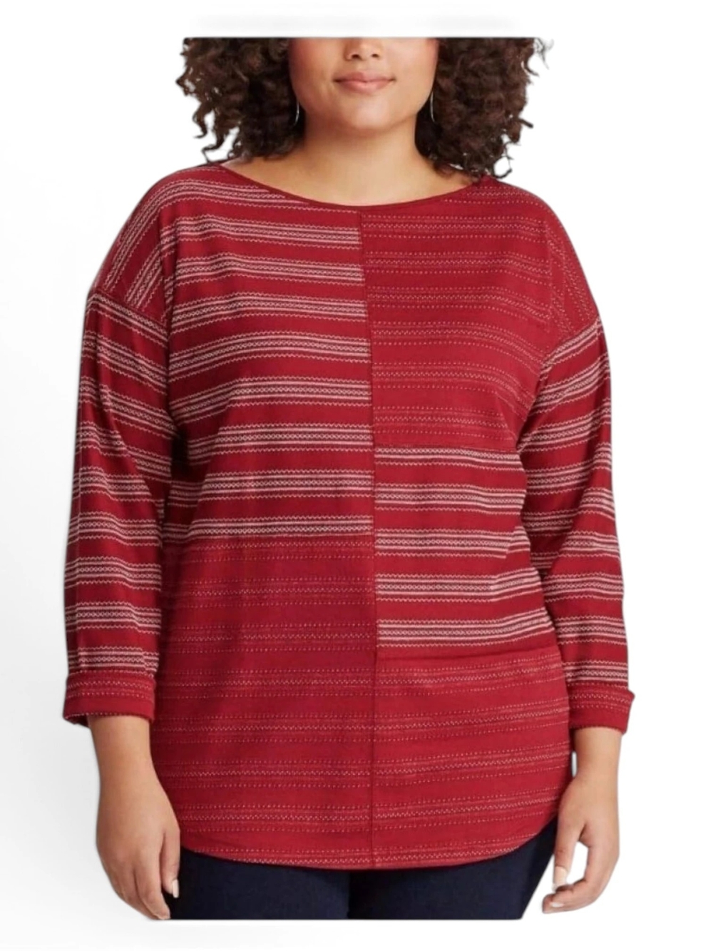 Chaps Striped Long Sleeve Knit Top Red & White Womens Plus Size 3X